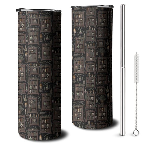 20oz Black Gothic Skull Bookcase Pattern Skinny Tumblers Stainless Steel Tumbler with Lid and Straw,Vacuum Insulated Double Wall Travel Tumbler Cups with Cleaning Brush for Coffee,Tea