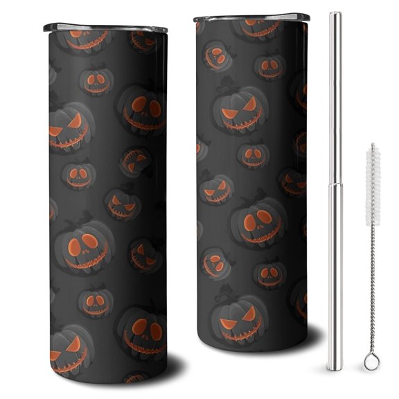20oz Black Halloween Pumpkins Skinny Tumblers Stainless Steel Tumbler with Lid and Straw,Vacuum Insulated Double Wall Travel Tumbler Cups with Cleaning Brush for Coffee,Tea