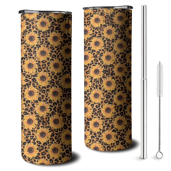 20oz Black Leopard Sunflower Pattern Skinny Tumblers Stainless Steel Tumbler with Lid and Straw,Vacuum Insulated Double Wall Travel Tumbler Cups with Cleaning Brush for Coffee,Tea