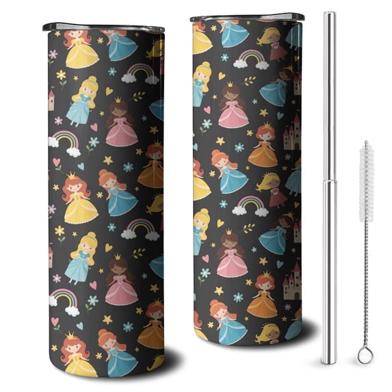 20oz Black Princess Castle Pattern Skinny Tumblers Stainless Steel Tumbler with Lid and Straw,Vacuum Insulated Double Wall Travel Tumbler Cups with Cleaning Brush for Coffee,Tea