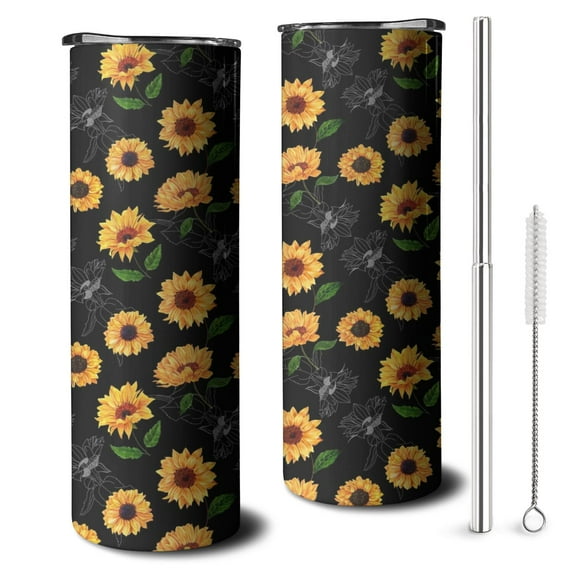 20oz Black Sunflower Skinny Tumblers Stainless Steel Tumbler with Lid and Straw,Vacuum Insulated Double Wall Travel Tumbler Cups with Cleaning Brush for Coffee,Tea