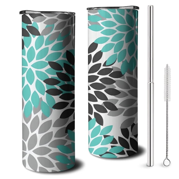 20oz Black Turquoise and Gray Floral Pattern Skinny Tumblers Stainless Steel Tumbler with Lid and Straw,Vacuum Insulated Double Wall Travel Tumbler Cups with Cleaning Brush for Coffee,Tea