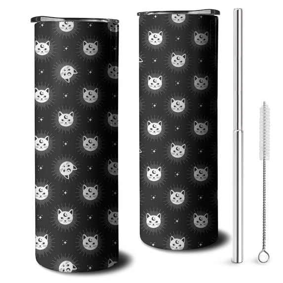 20oz Black White Cat Moon Star Pattern Skinny Tumblers Stainless Steel Tumbler with Lid and Straw,Vacuum Insulated Double Wall Travel Tumbler Cups with Cleaning Brush for Coffee,Tea