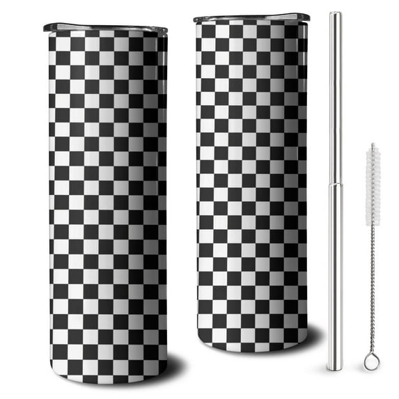 20oz Black White Checkered Pattern Skinny Tumblers Stainless Steel Tumbler with Lid and Straw,Vacuum Insulated Double Wall Travel Tumbler Cups with Cleaning Brush for Coffee,Tea