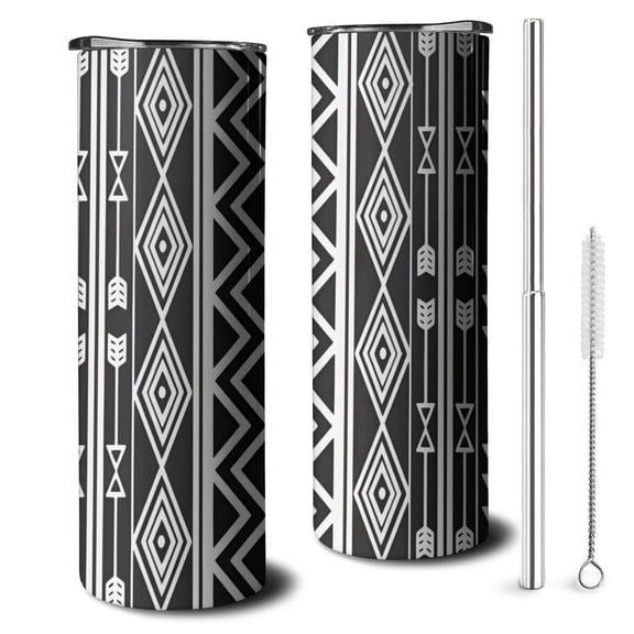 20oz Black and White Geometric Boho Pattern Skinny Tumblers Stainless Steel Tumbler with Lid and Straw,Vacuum Insulated Double Wall Travel Tumbler Cups with Cleaning Brush for Coffee,Tea