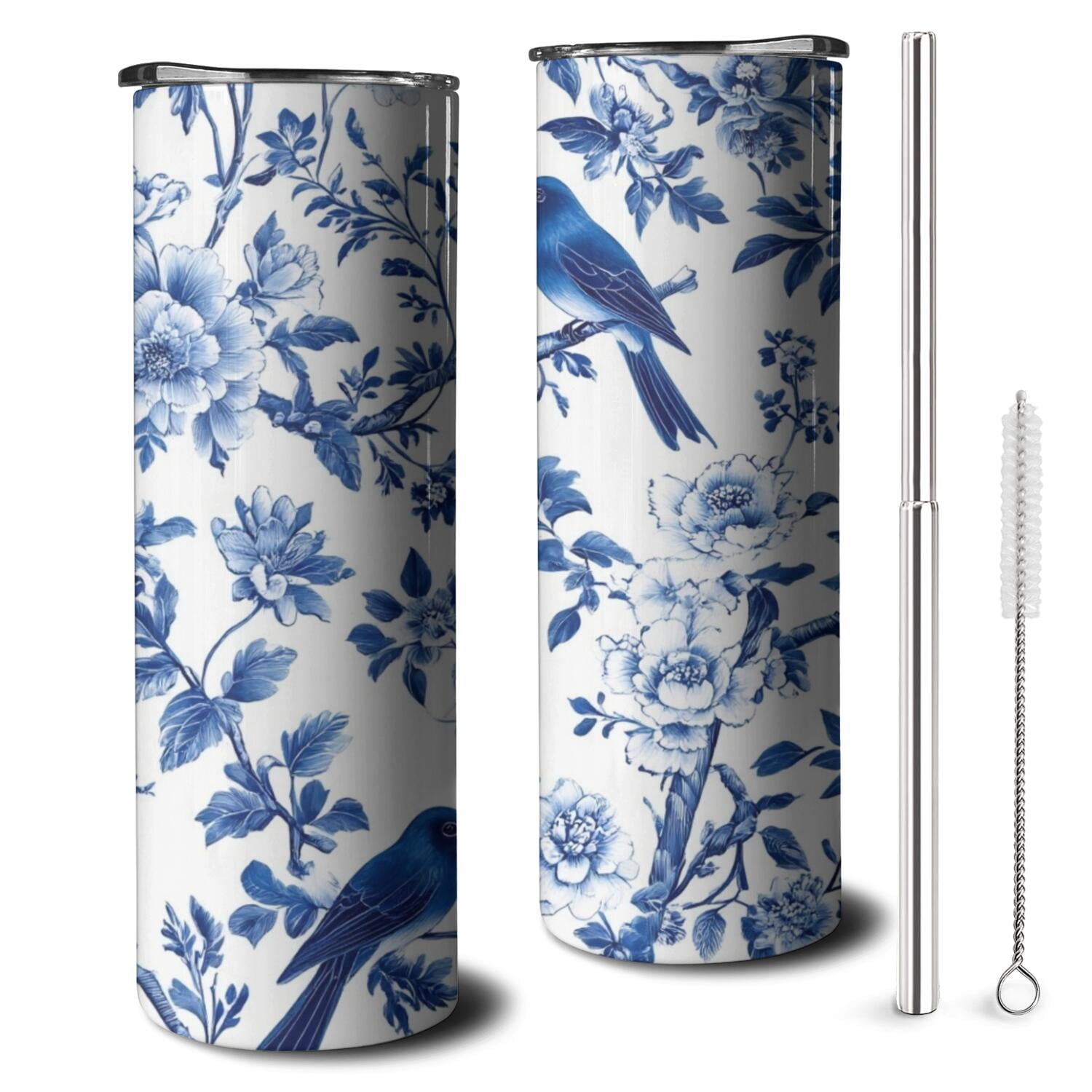 20oz Blue Pioneer Flower and Bird Skinny Tumblers Stainless Steel