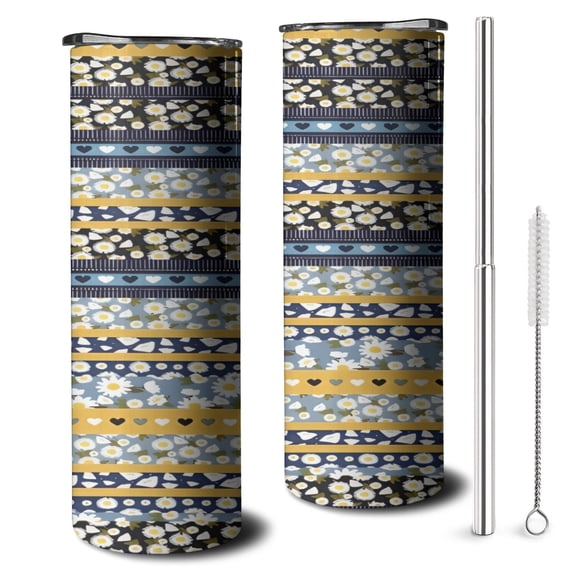 20oz Blue Pioneer Flower Striped Pattern Skinny Tumblers Stainless Steel Tumbler with Lid and Straw,Vacuum Insulated Double Wall Travel Tumbler Cups with Cleaning Brush for Coffee,Tea