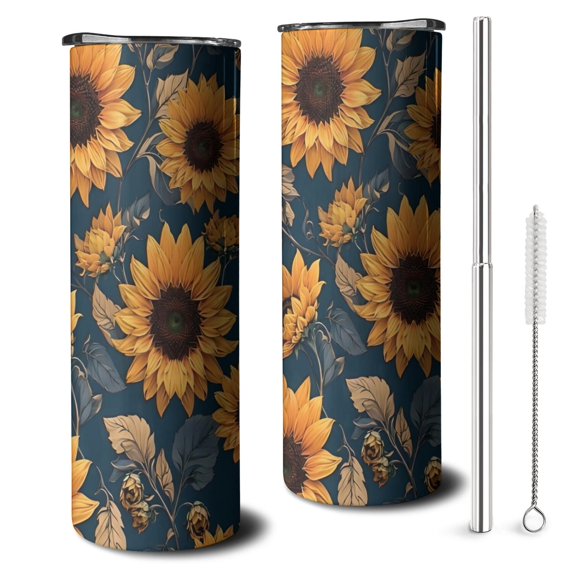 20oz Blue Sunflower Golden Leaf Pattern Skinny Tumblers Stainless Steel Tumbler with Lid and Straw,Vacuum Insulated Double Wall Travel Tumbler Cups with Cleaning Brush for Coffee,Tea