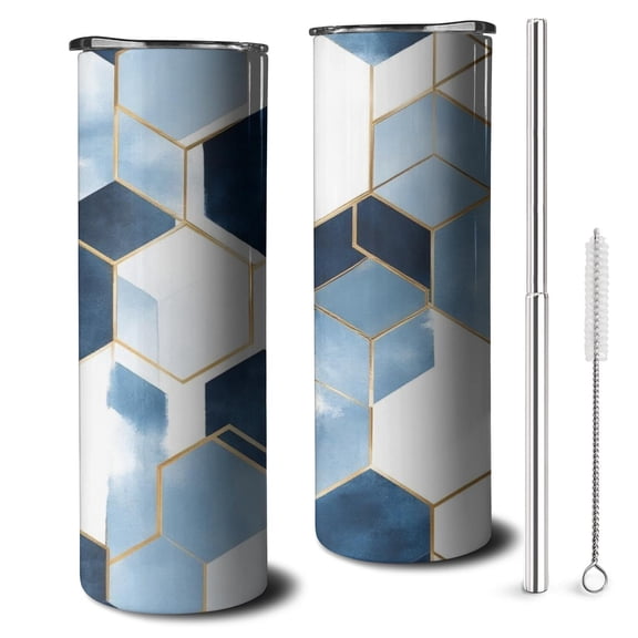 20oz Blue White Gold Hexagon Marble Pattern Skinny Tumblers Stainless Steel Tumbler with Lid and Straw,Vacuum Insulated Double Wall Travel Tumbler Cups with Cleaning Brush for Coffee,Tea