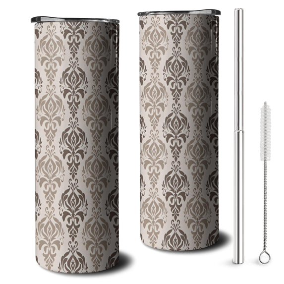 20oz Boho Brown Damask Ethnic Pattern Skinny Tumblers Stainless Steel Tumbler with Lid and Straw,Vacuum Insulated Double Wall Travel Tumbler Cups with Cleaning Brush for Coffee,Tea