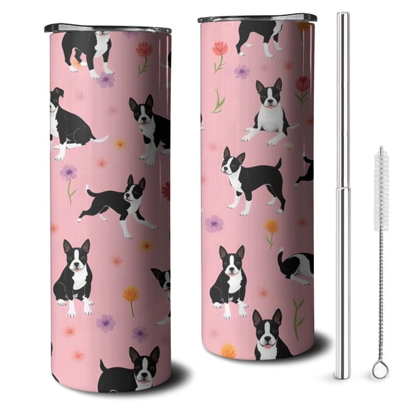 20oz Boston Terrier Dogs and Flowers Skinny Tumblers Stainless Steel Tumbler with Lid and Straw,Vacuum Insulated Double Wall Travel Tumbler Cups with Cleaning Brush for Coffee,Tea