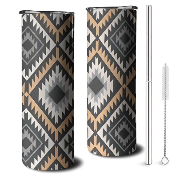 20oz Brown Geometric Triangle Diamond Pattern Skinny Tumblers Stainless Steel Tumbler with Lid and Straw,Vacuum Insulated Double Wall Travel Tumbler Cups with Cleaning Brush for Coffee,Tea