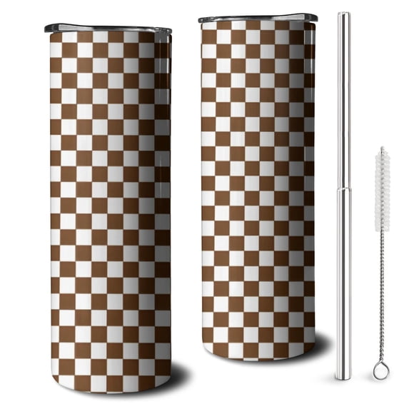 20oz Brown and White Checkerboard Pattern Skinny Tumblers Stainless Steel Tumbler with Lid and Straw,Vacuum Insulated Double Wall Travel Tumbler Cups with Cleaning Brush for Coffee,Tea