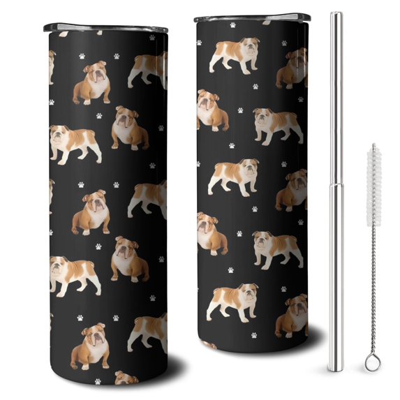 20oz Bulldog Dog and Footprints Skinny Tumblers Stainless Steel Tumbler with Lid and Straw,Vacuum Insulated Double Wall Travel Tumbler Cups with Cleaning Brush for Coffee,Tea