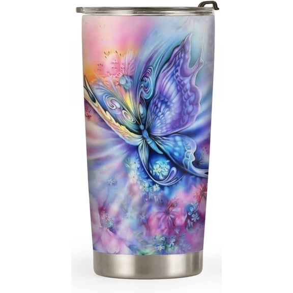 20oz Butterfly Gifts for Women, Valentines Day Gifts for Her, Coffee Thermos For Women, Coffee Gifts for Women, Colorful Rainbow Butterfly Tumbler Cup, Insulated Travel Coffee Mug with Lid
