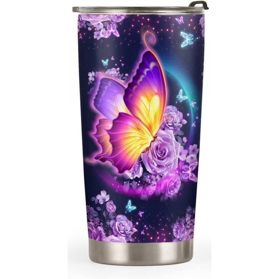 20oz Butterfly Gifts for Women, Valentines Day Gifts for Her, Cute Gifts, Coffee Thermos, Coffee Gifts for Women, Purple Rose Butterfly Tumbler Cup, Insulated Travel Coffee Mug with Lid