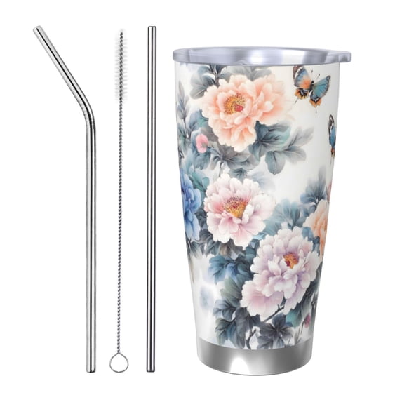 20oz Car Cup Three-Piece Set Of Single Silver Edge No Smell Easy To Carry Heat Preservation For Daily Car Sports Travel Flowers And Butterflies