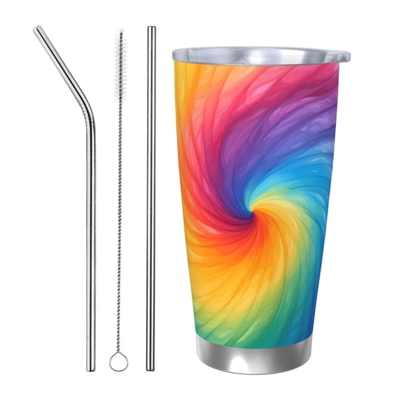 20oz Car Cup Three-Piece Set Of Single Silver Edge No Smell Easy To Carry Heat Preservation For Daily Car Sports Travel Darkorchid Tie Dye Background Rainbow Colors (2)