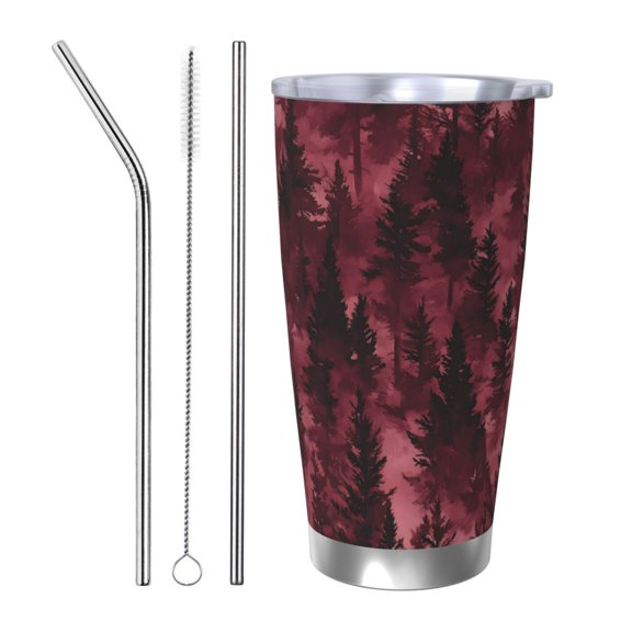 20oz Car Cup Three-Piece Set Of Single Silver Edge No Smell Easy To Carry Heat Preservation For Daily Car Sports Travel Realistic Forests Camouflage Pattern Conifer Maroon_3