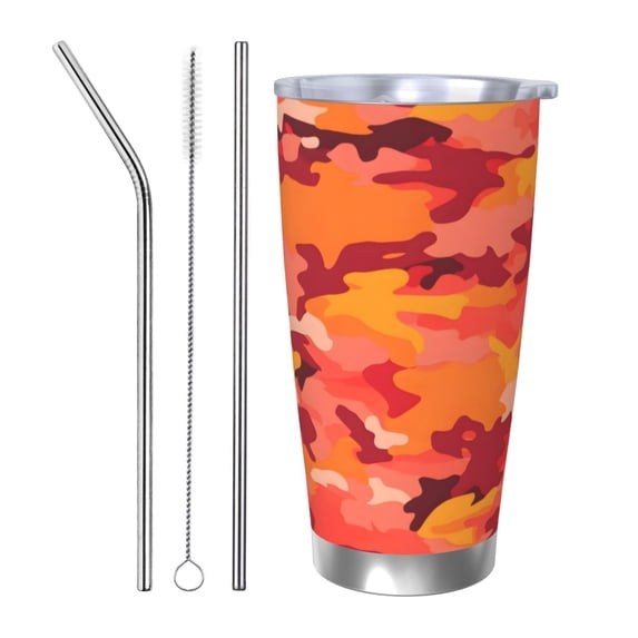 20oz Car Cup Three-Piece Set Of Single Silver Edge No Smell Easy To Carry Heat Preservation For Daily Car Sports Travel Vector Camouflage Pattern Orange Red_1