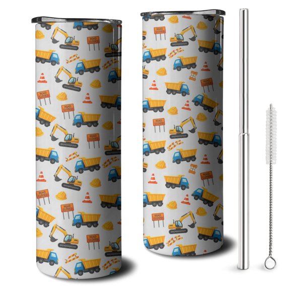 20oz Cartoon Construction Vehicles Hard Hats Skinny Tumblers Stainless Steel Tumbler with Lid and Straw,Vacuum Insulated Double Wall Travel Tumbler Cups with Cleaning Brush for Coffee,Tea