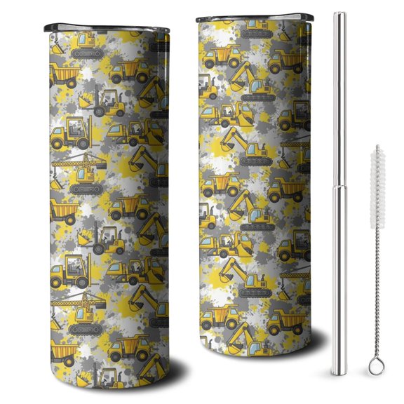 20oz Cartoon Construction Vehicles Paint Splatters Skinny Tumblers Stainless Steel Tumbler with Lid and Straw,Vacuum Insulated Double Wall Travel Tumbler Cups with Cleaning Brush for Coffee,Tea