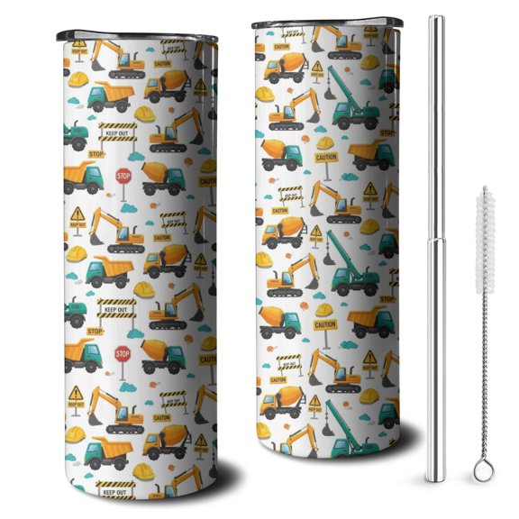 20oz Cartoon Construction Vehicles Safety Signs Skinny Tumblers Stainless Steel Tumbler with Lid and Straw,Vacuum Insulated Double Wall Travel Tumbler Cups with Cleaning Brush for Coffee,Tea