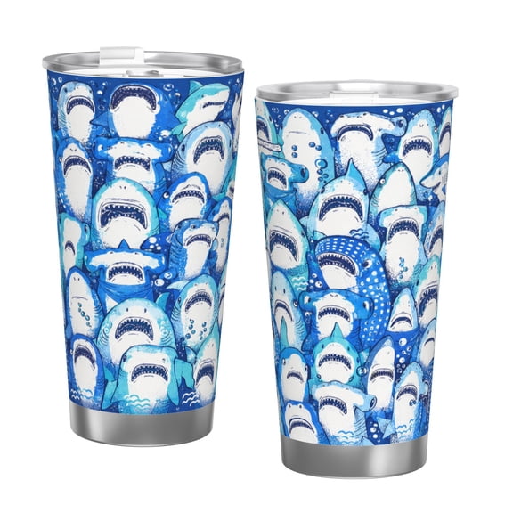 20oz Cartoon Shark Insulated Tumbler with Handle and Straw Blue Ocean Animal Travel Cup Gift for Shark Lovers with Single Silver Rim
