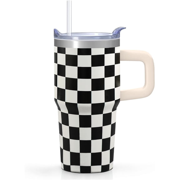 20oz Checkered Tumbler with Handle, Insulated Stainless Steel Cup with Rotating Lid & Straw, Leak-Proof Water Bottle for Kids Girls Women, Birthday Christmas Back to School Gift Idea