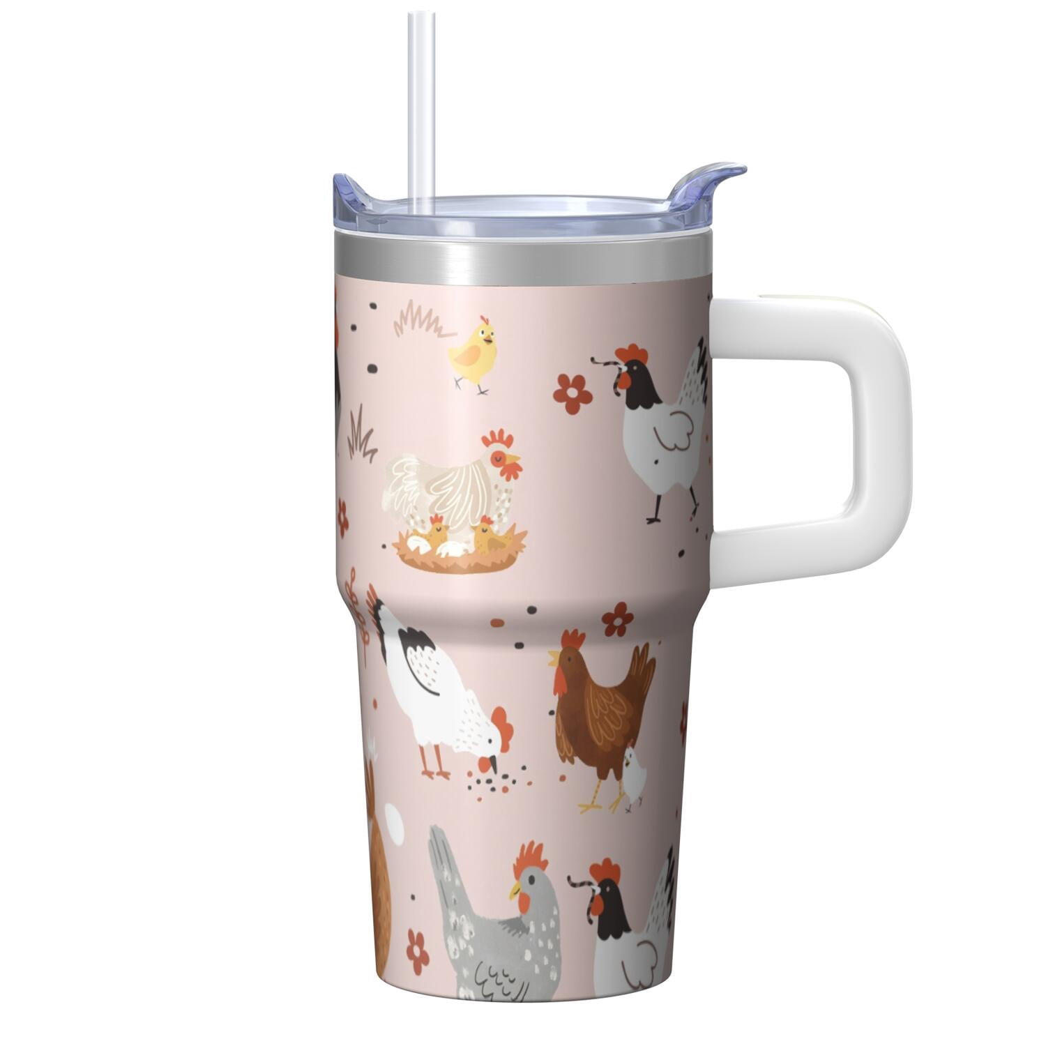 20oz Chicken Art Tumbler with Handle Insulated Travel Mug Special Birthday Christmas Gift for Chicken Enthusiasts Women Men Fits Car Cup Holders Wide Mouth for Ice Comfortable Grip Trips Commutes
