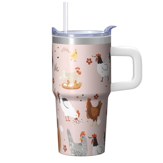 20oz Chicken Art Tumbler with Handle Insulated Travel Mug Special Birthday Christmas Gift for Chicken Enthusiasts Women Men Fits Car Cup Holders Wide Mouth for Ice Comfortable Grip Trips Commutes
