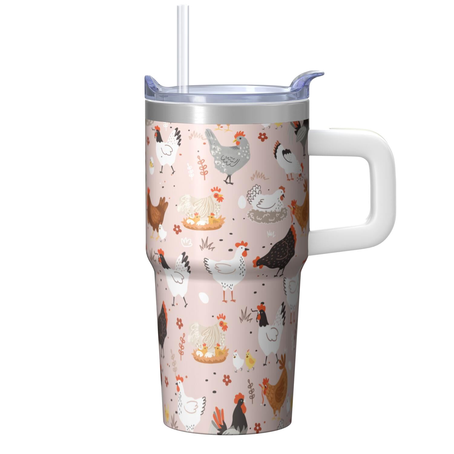 20oz Chicken Character Tumbler with Handle Classic Birthday Christmas Gift for Chicken Fans Women Men Insulated Travel Mug Fits Car Cup Holders Comfortable Grip Durable Material Daily Hydration