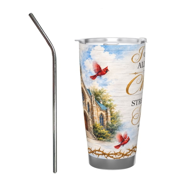 20oz Christian Faith Inspirational Travel Tumbler Church Design Insulated Car Cup with Handle and Straw Stainless Steel Philippians 4:13 Bible Verse Gift with Stainless Steel Straw