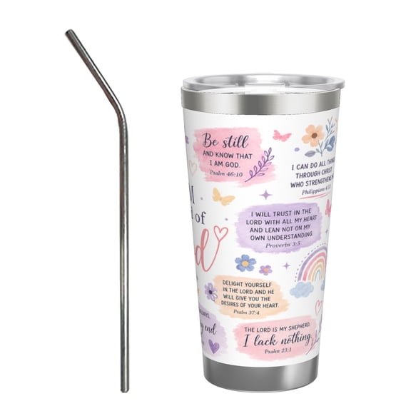 20oz Christian Faith Inspirational Travel Tumbler Insulated Car Cup with Handle Straw Stainless Steel Large Capacity Coffee Cup Bible Verse God Gift with Stainless Steel Straw