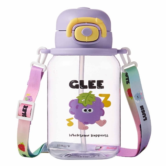 20oz Clear Plastic Water Bottle with Flip-Up Straw, Adjustable Crossbody Strap & Leak-Proof Lid, Cute Cartoon Design for Outdoor Activities, Sports, Daily Hydration for Family and Adults