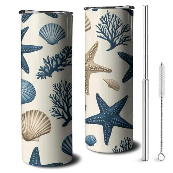 20oz Coastal Coral Starfish Skinny Tumblers Stainless Steel Tumbler with Lid and Straw,Vacuum Insulated Double Wall Travel Tumbler Cups with Cleaning Brush for Coffee,Tea