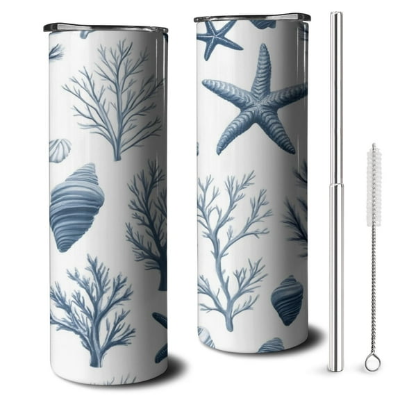 20oz Coastal Coral Starfish Skinny Tumblers Stainless Steel Tumbler with Lid and Straw,Vacuum Insulated Double Wall Travel Tumbler Cups with Cleaning Brush for Coffee,Tea
