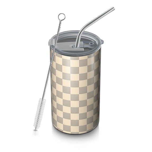 20oz Coffee Tumblers Beige Gray Checkerboard Checkered Pattern Stainless Steel Vacuum Insulated Travel Tumbler Coffee Cups Mug with Lid and Straw with Cleaning Brush for Cold & Hot Drinks
