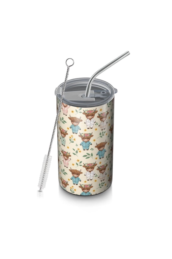 20oz Coffee Tumblers Beige Highland Cow Flower Pajama Pattern Stainless Steel Vacuum Insulated Travel Tumbler Coffee Cups Mug with Lid and Straw with Cleaning Brush for Cold & Hot Drinks