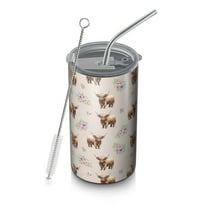 20oz Coffee Tumblers Beige Highland Cow Flower Pattern Stainless Steel Vacuum Insulated Travel Tumbler Coffee Cups Mug with Lid and Straw with Cleaning Brush for Cold & Hot Drinks