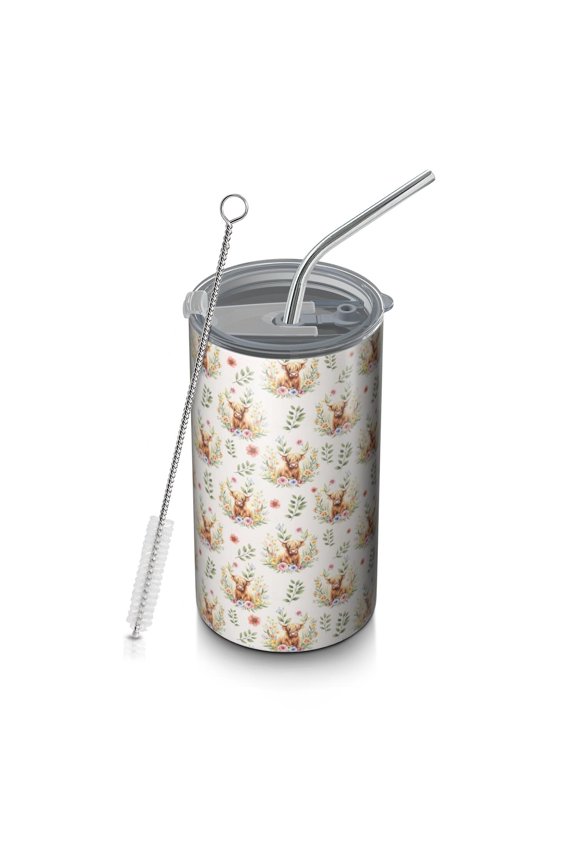 20oz Coffee Tumblers Beige Highland Cow Flower Pattern Stainless Steel Vacuum Insulated Travel Tumbler Coffee Cups Mug with Lid and Straw with Cleaning Brush for Cold & Hot Drinks
