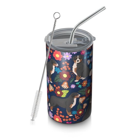 20oz Coffee Tumblers Bernese Mountain and Flower Stainless Steel Vacuum Insulated Travel Tumbler Coffee Cups Mug with Lid and Straw with Cleaning Brush for Cold & Hot Drinks
