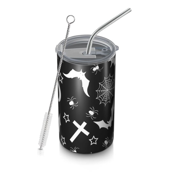 20oz Coffee Tumblers Black Halloween Bat Spider Pattern Stainless Steel Vacuum Insulated Travel Tumbler Coffee Cups Mug with Lid and Straw with Cleaning Brush for Cold & Hot Drinks