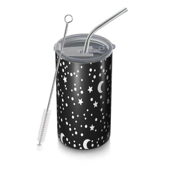 20oz Coffee Tumblers Black White Star Moon Pattern Stainless Steel Vacuum Insulated Travel Tumbler Coffee Cups Mug with Lid and Straw with Cleaning Brush for Cold & Hot Drinks