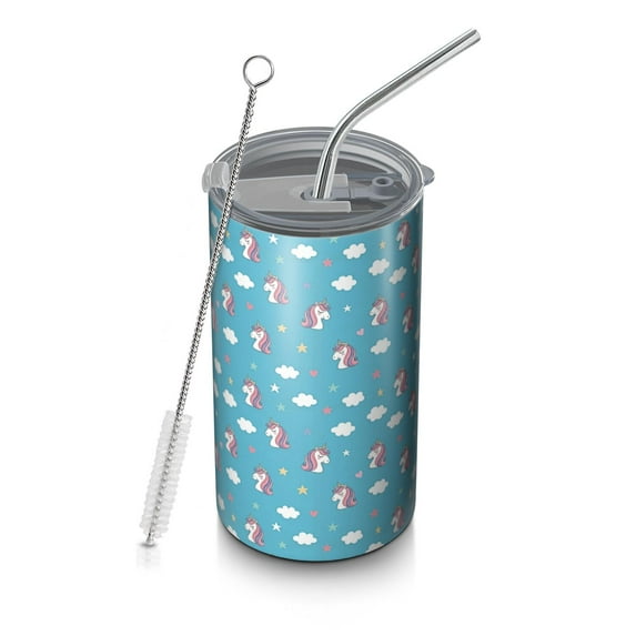 20oz Coffee Tumblers Blue Cartoon Unicorn Head Star Cloud Pattern Stainless Steel Vacuum Insulated Travel Tumbler Coffee Cups Mug with Lid and Straw with Cleaning Brush for Cold & Hot Drinks