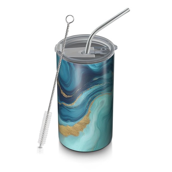 20oz Coffee Tumblers Blue Marble Gold Wave Pattern Stainless Steel Vacuum Insulated Travel Tumbler Coffee Cups Mug with Lid and Straw with Cleaning Brush for Cold & Hot Drinks