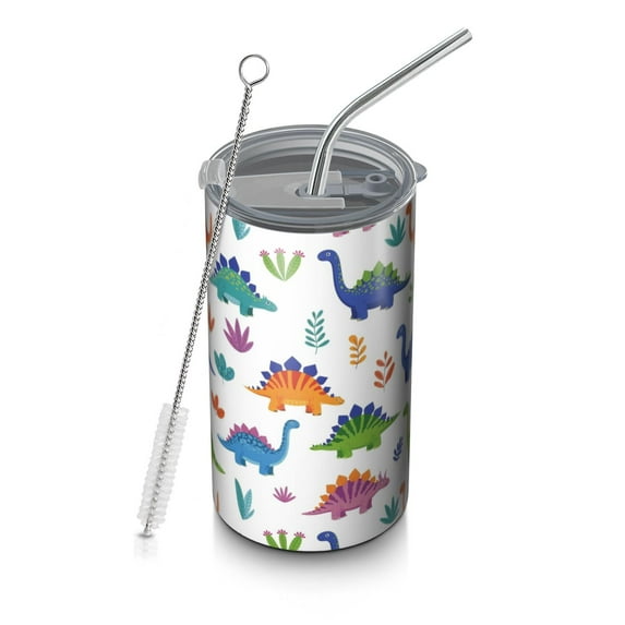 20oz Coffee Tumblers Bright Colored Dinosaur and Leaf Pattern Stainless Steel Vacuum Insulated Travel Tumbler Coffee Cups Mug with Lid and Straw with Cleaning Brush for Cold & Hot Drinks