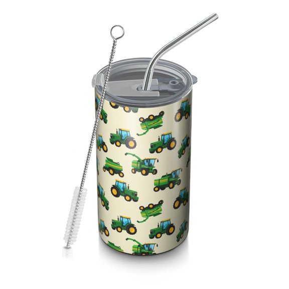 20oz Coffee Tumblers Cartoon Tractors Combines Beige Pattern Stainless Steel Vacuum Insulated Travel Tumbler Coffee Cups Mug with Lid and Straw with Cleaning Brush for Cold & Hot Drinks