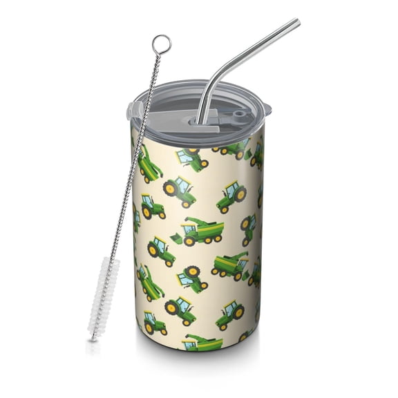 20oz Coffee Tumblers Cartoon Tractors Green Beige Pattern Stainless Steel Vacuum Insulated Travel Tumbler Coffee Cups Mug with Lid and Straw with Cleaning Brush for Cold & Hot Drinks