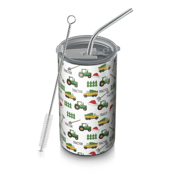 20oz Coffee Tumblers Cartoon Tractors Santa Hats White Pattern Stainless Steel Vacuum Insulated Travel Tumbler Coffee Cups Mug with Lid and Straw with Cleaning Brush for Cold & Hot Drinks
